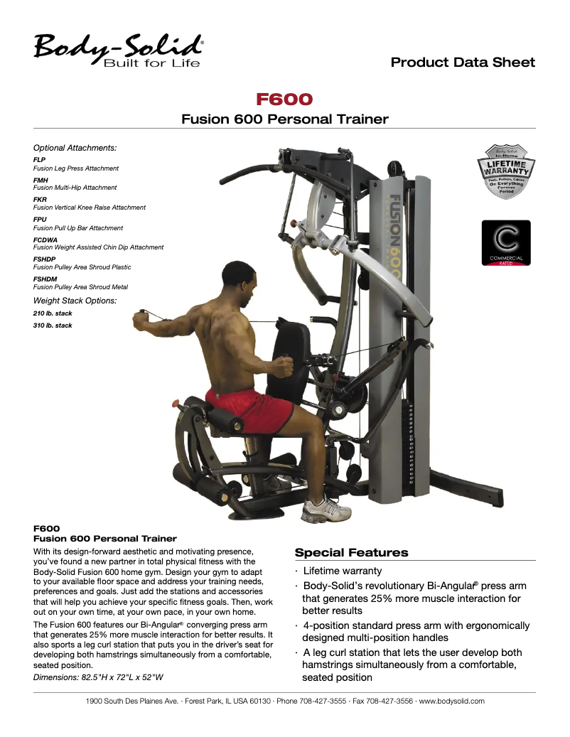 Page 1 de la notice Fiche technique Body-Solid F600