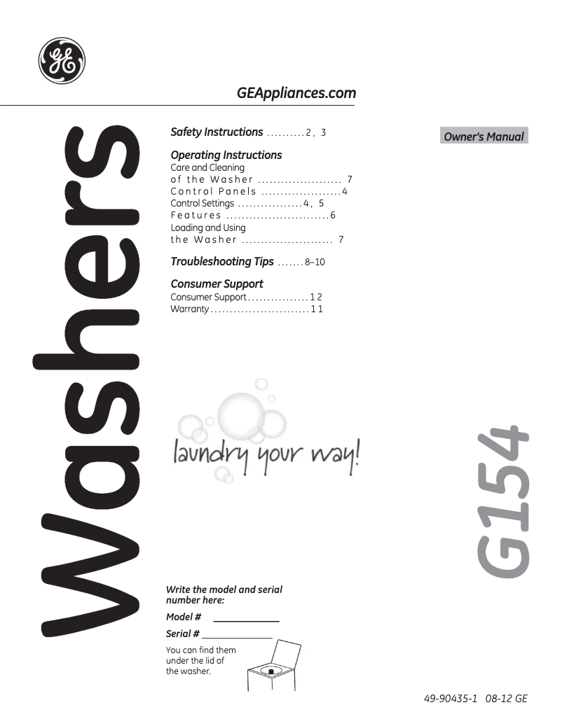 Image de la première page du manuel de l'appareil GTWN2800DWW