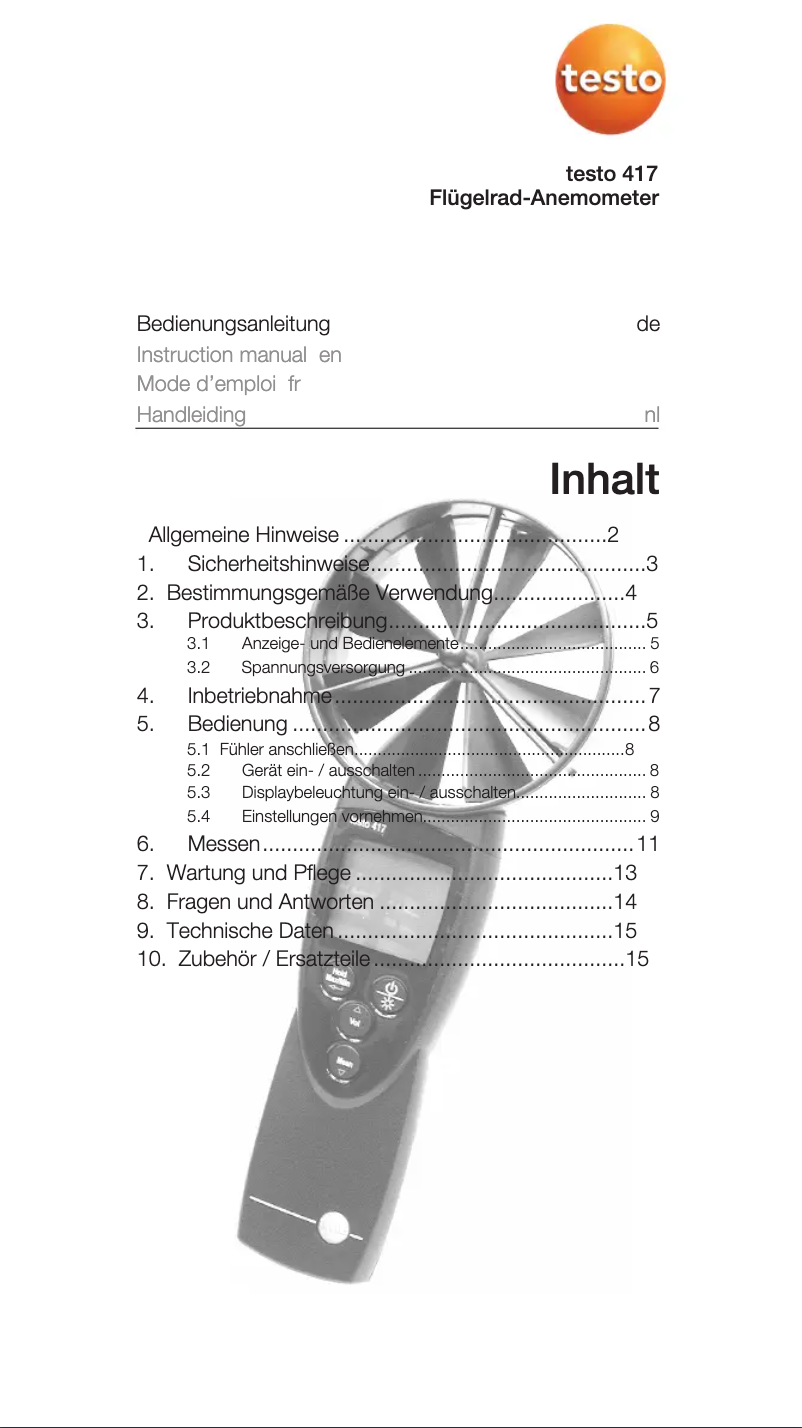 Page n°1 - Manuel utilisateur Testo 417