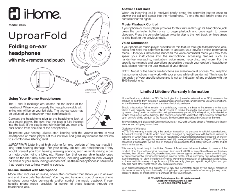 Page n°1 - Manuel utilisateur iHome Uproar iB46