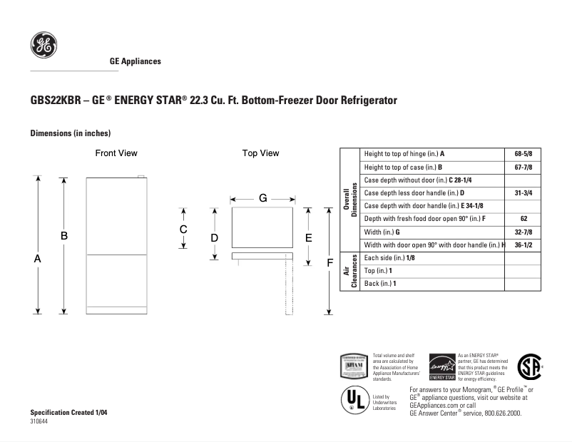 Page n°1 - Fiche technique GE GBS22KBRWW