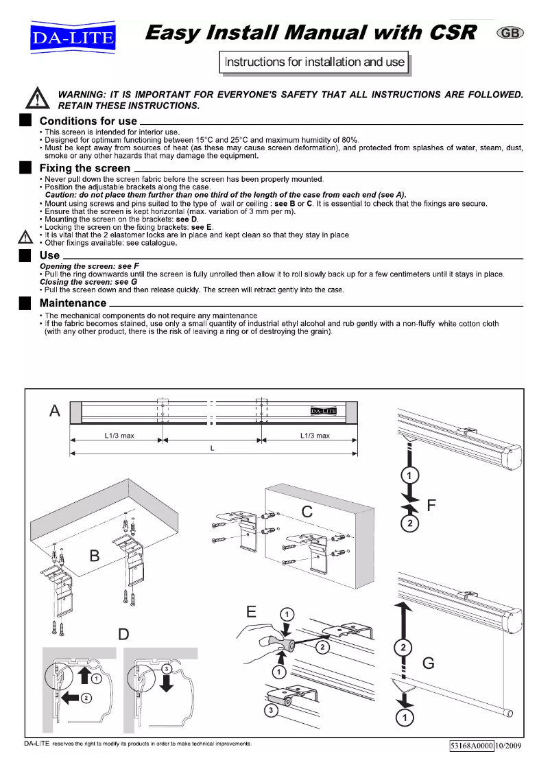 Page 1 de la notice Manuel utilisateur Da-Lite Easy Install Manual