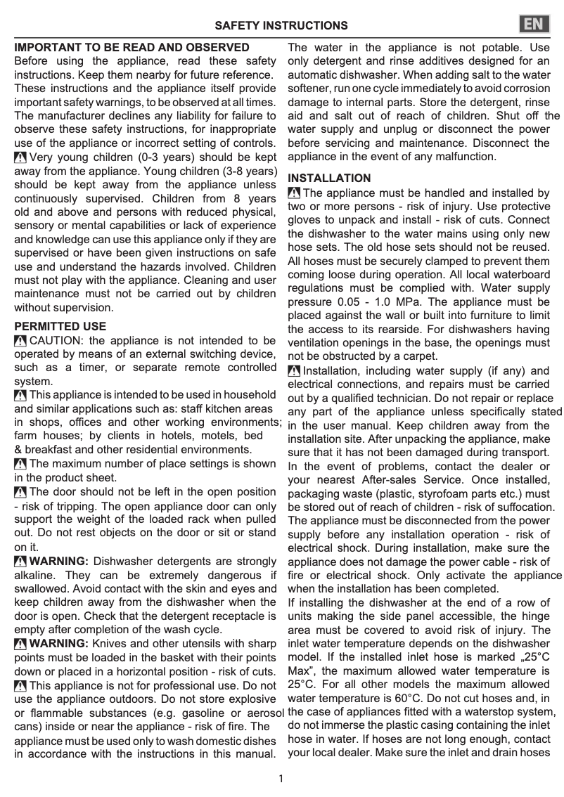 Page n°1 - Instructions de sécurité Indesit DKIO 3T131 A FE
