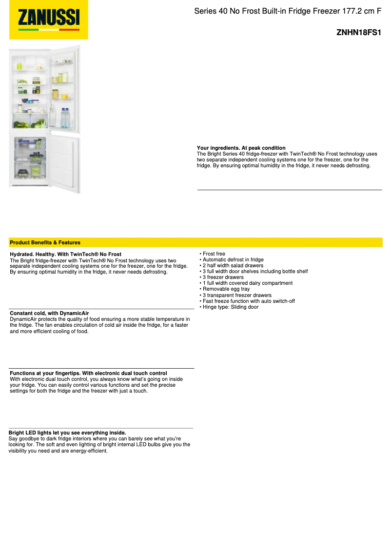 Page 1 de la notice Fiche technique Zanussi ZNHN18FS1