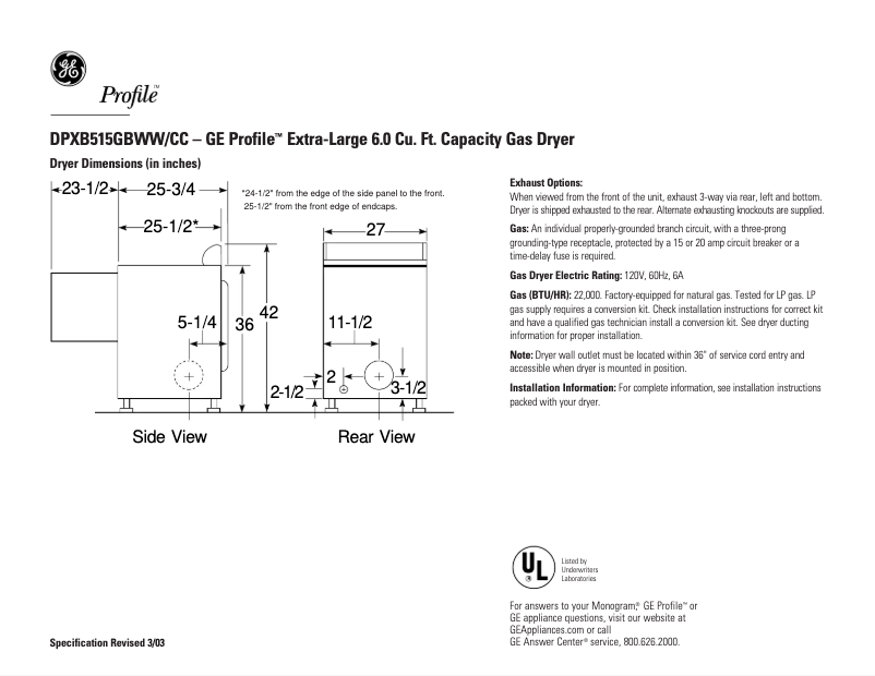 Page n°1 - Fiche technique GE Profile DPXB515GBCC
