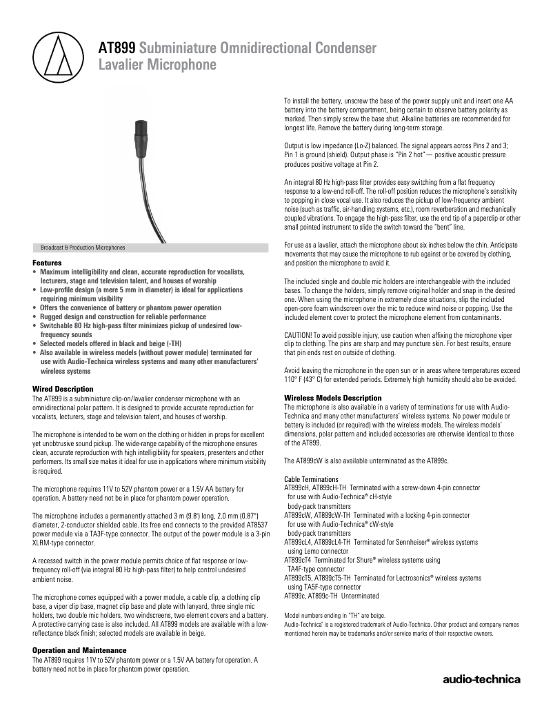 Page 1 de la notice Manuel utilisateur Audio-Technica AT899