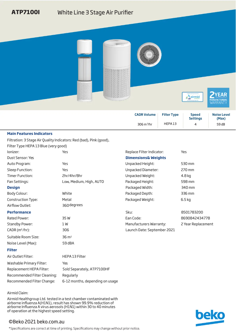 Page 1 de la notice Fiche technique Beko ATP7100I