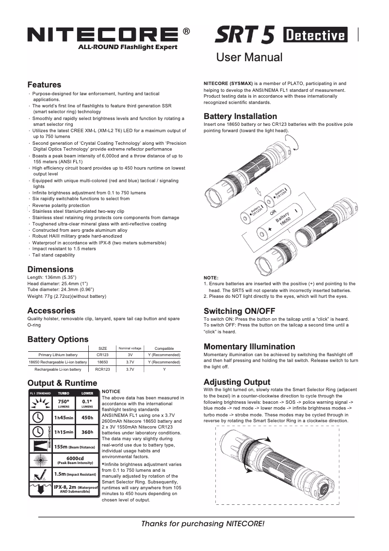 Page 1 de la notice Manuel utilisateur Nitecore SRT5 Detective