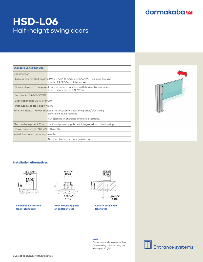 Page 1 de la notice Manuel utilisateur Dormakaba HSD-L06