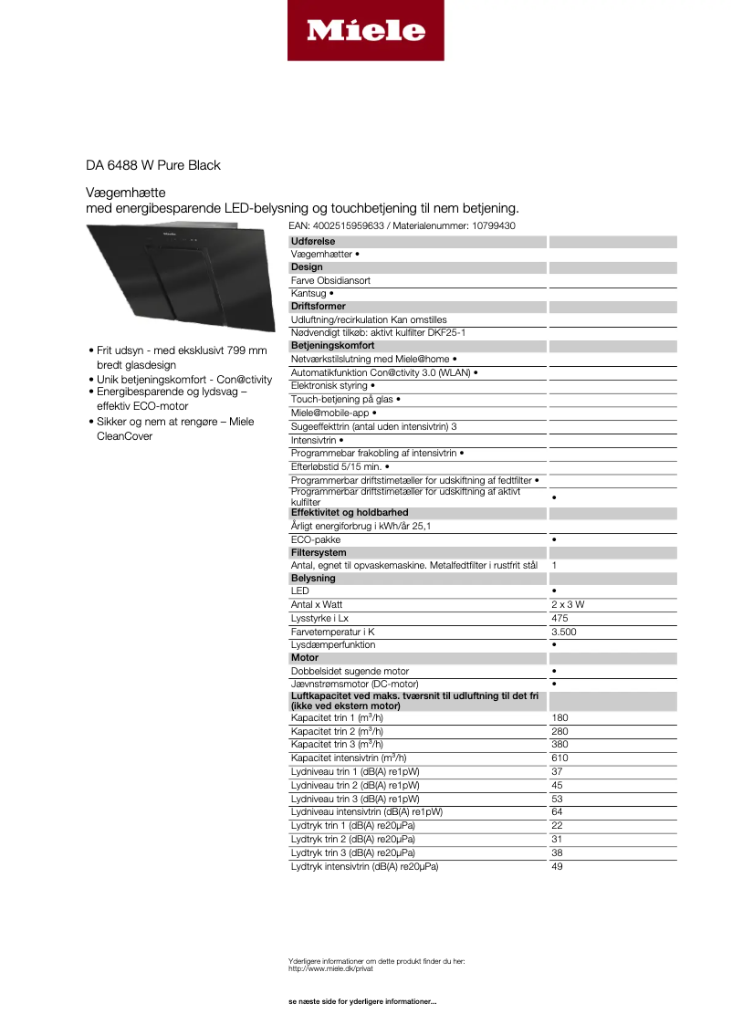 Page 1 de la notice Fiche technique Miele DA 6488 W Pure