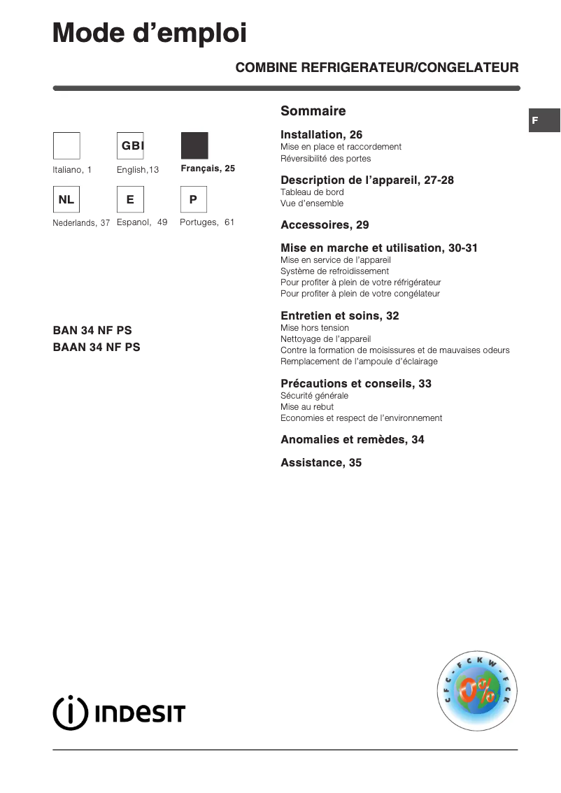 Page n°1 - Manuel utilisateur Indesit BAAN 34 NF PS