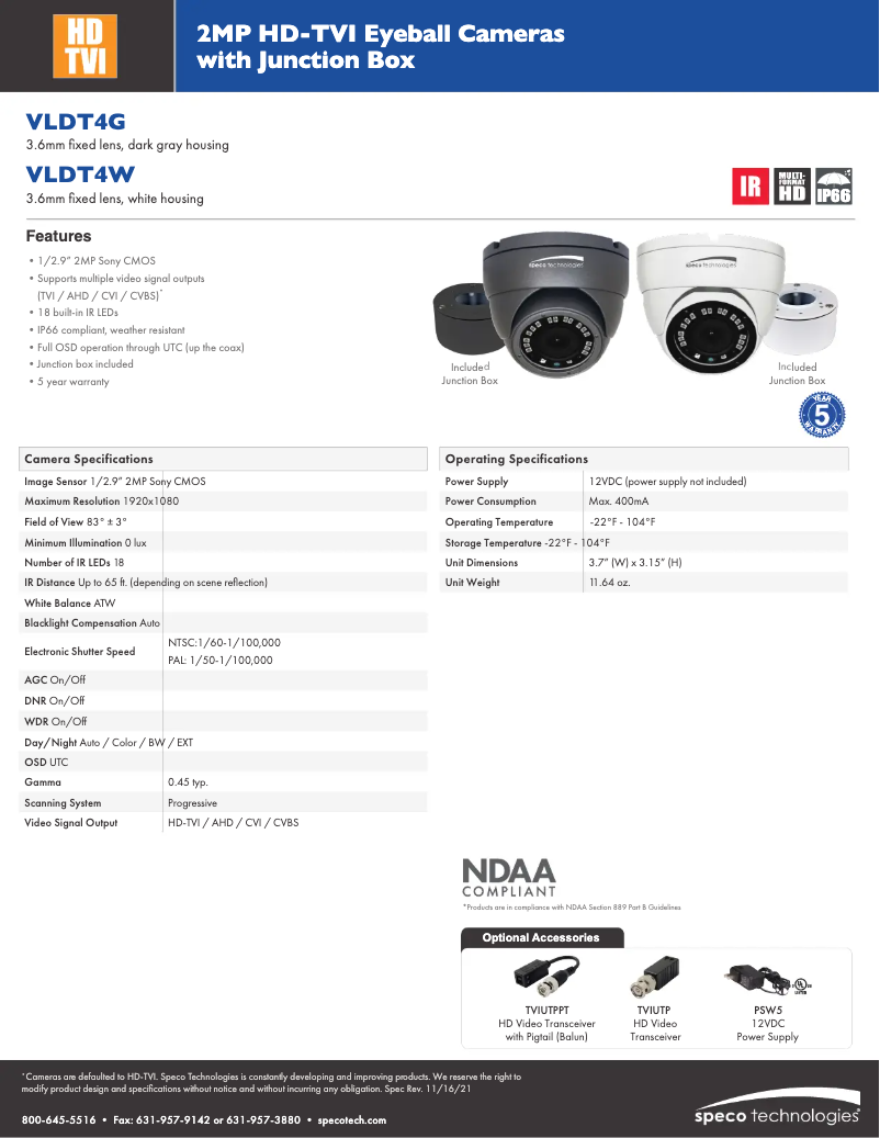 Page 1 of the manual Technical Sheet Speco Technologies VLDT4W
