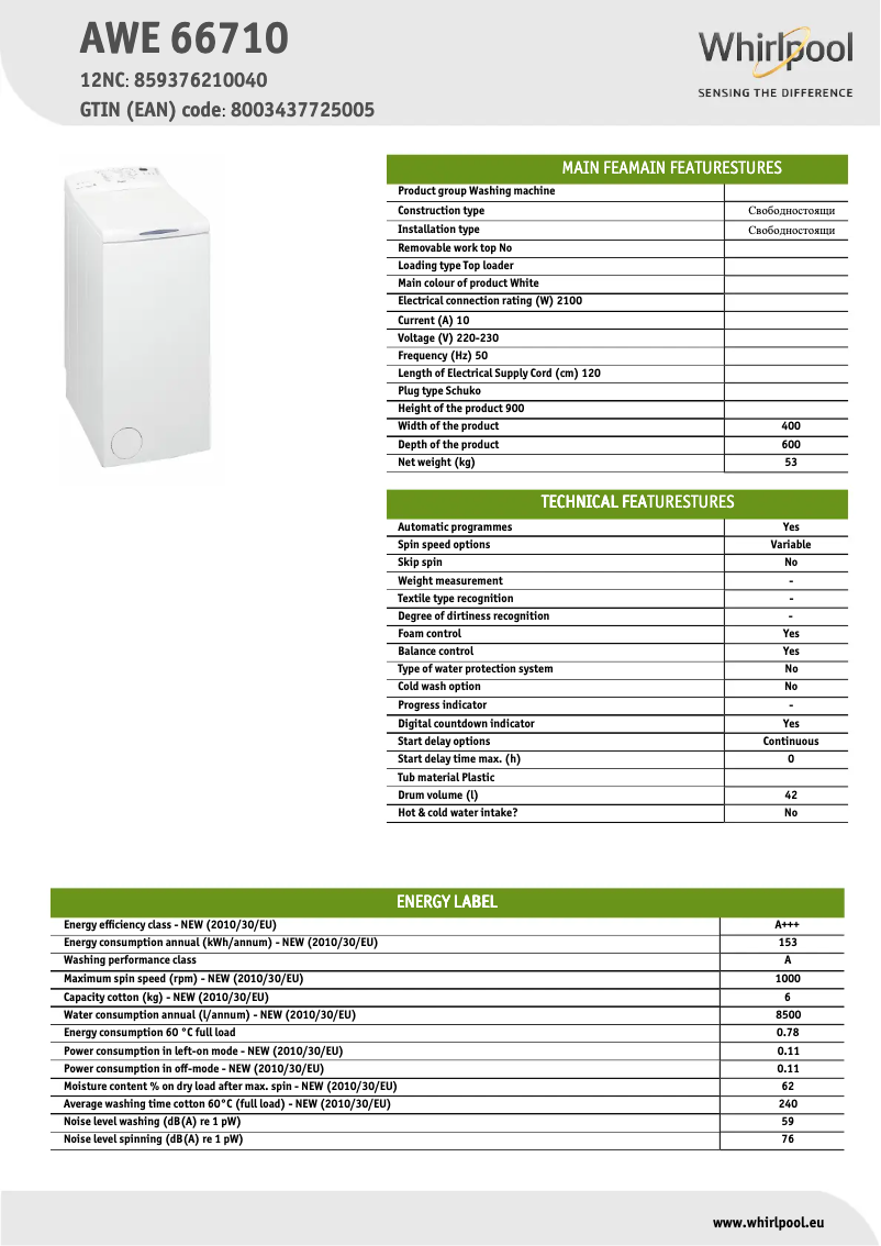 Página 1 del manual Ficha técnica Whirlpool AWE 66710