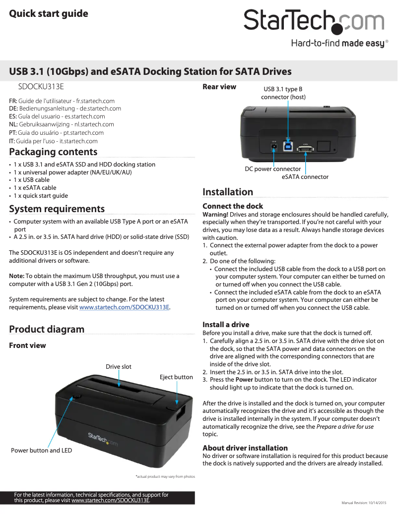 Page 1 of the manual User Manual StarTech.com STSDOCKU313E