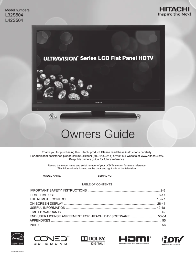 Page 1 de la notice Manuel utilisateur Hitachi L32S504