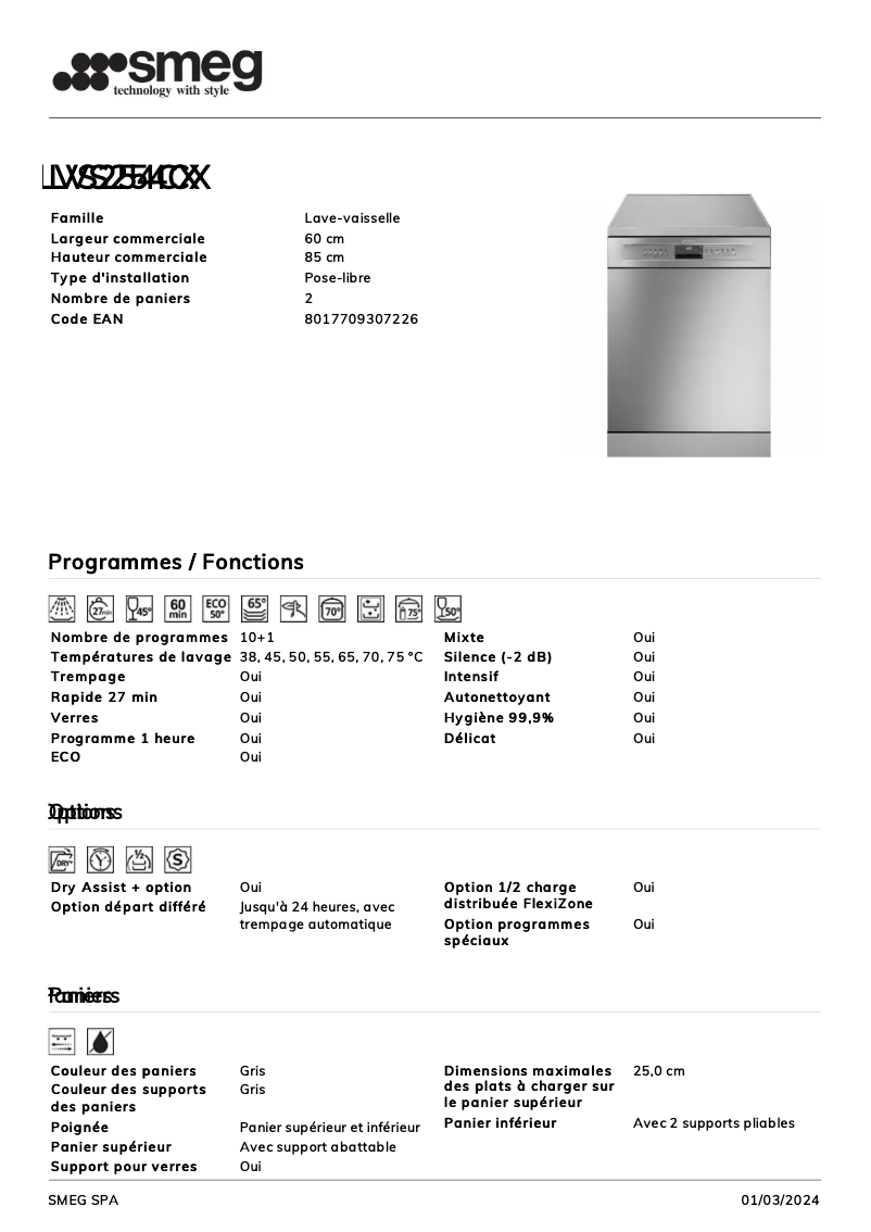 Page n°1 - Fiche technique Smeg LVS254CX