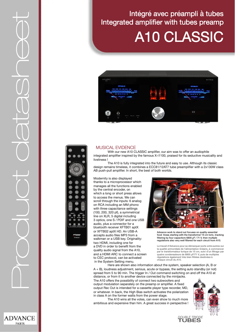 Page 1 de la notice Fiche technique Advance A10 Classic