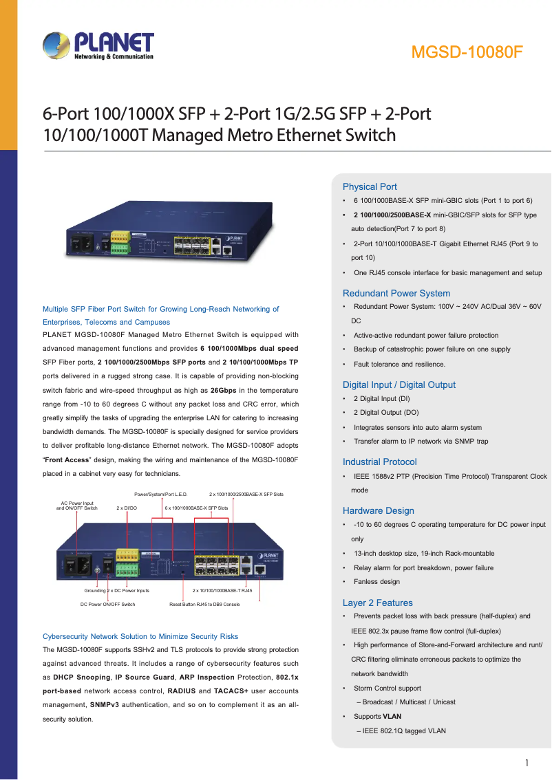 Page n°1 - Fiche technique Planet MGSD-10080F