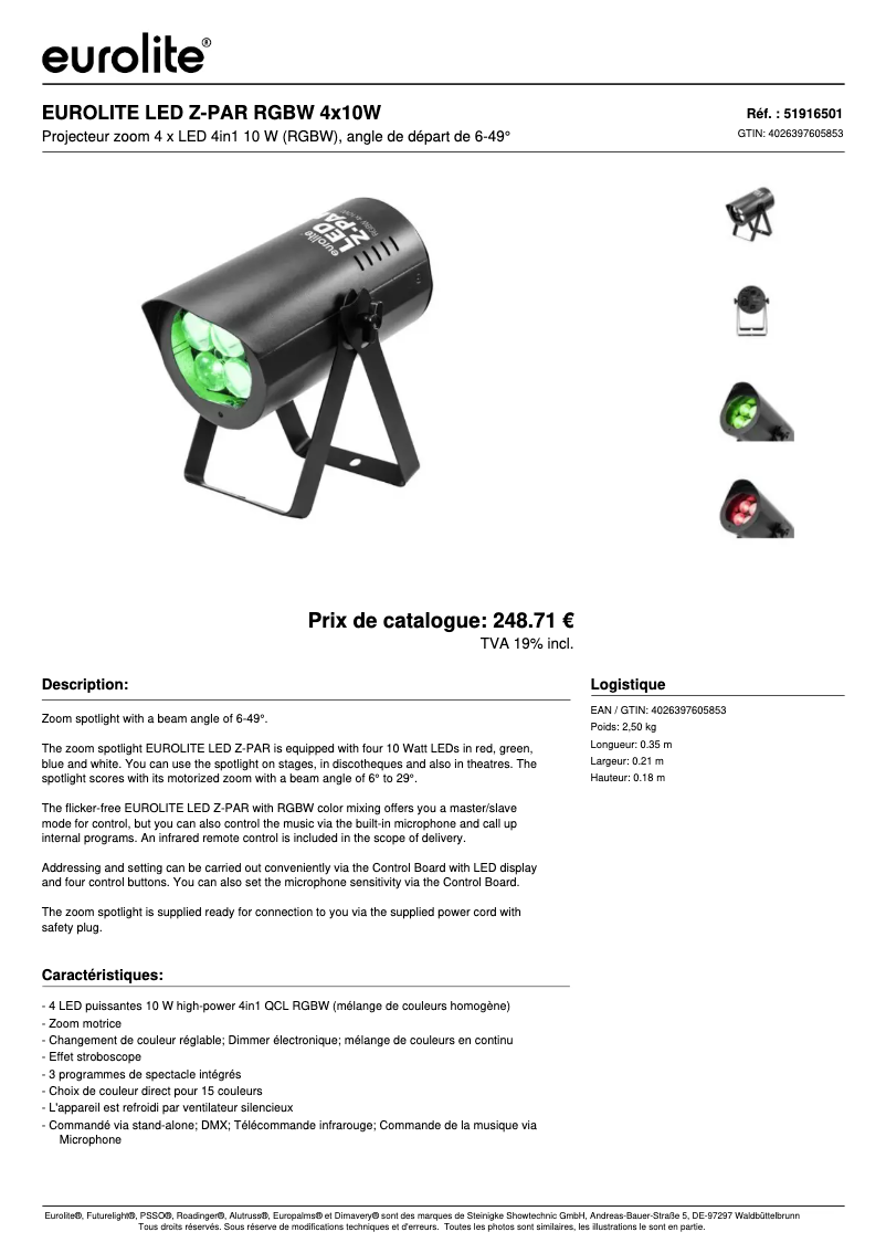 Page 1 de la notice Fiche technique Eurolite LED Z-PAR