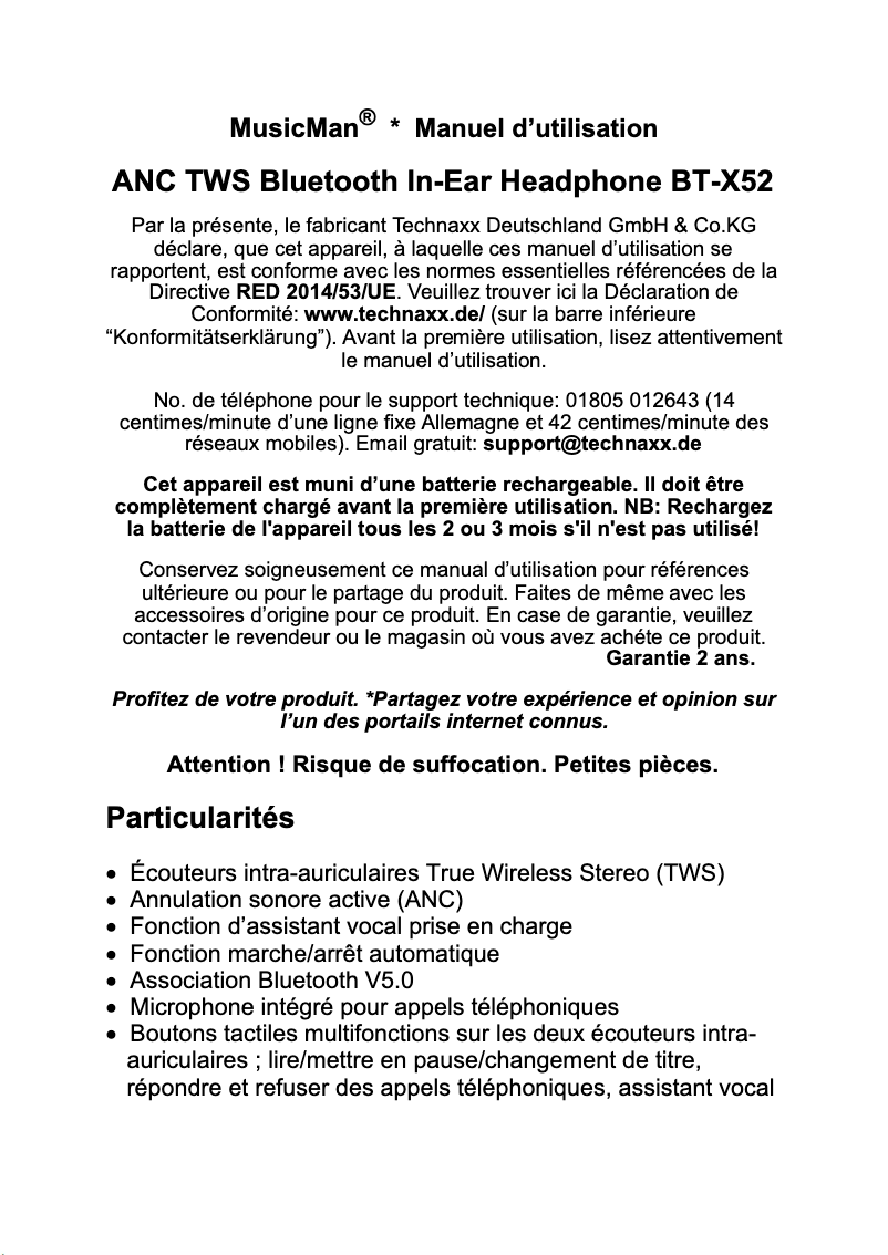 Page 1 de la notice Manuel utilisateur MusicMan BT-X52