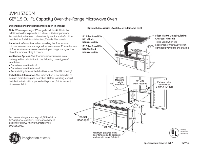 Page 1 de la notice Fiche technique GE JVM1530DMBB
