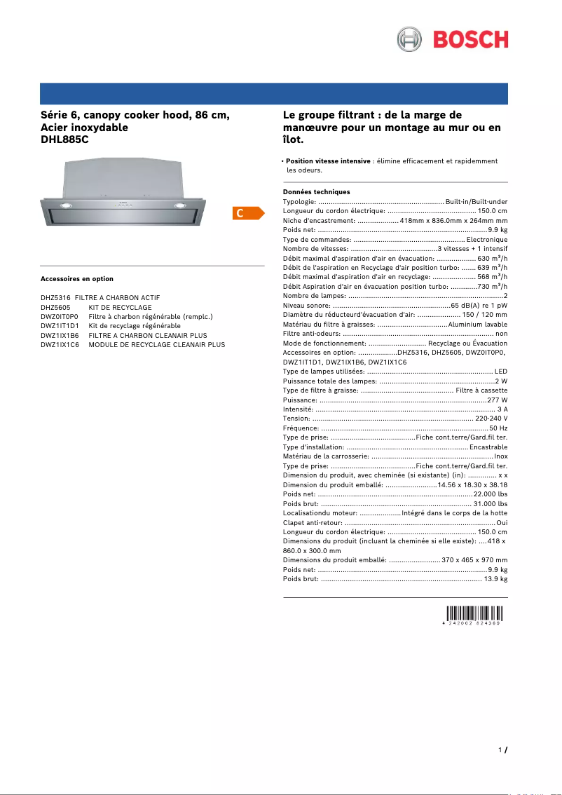 Page 1 of the manual Technical Sheet Bosch DHL885C