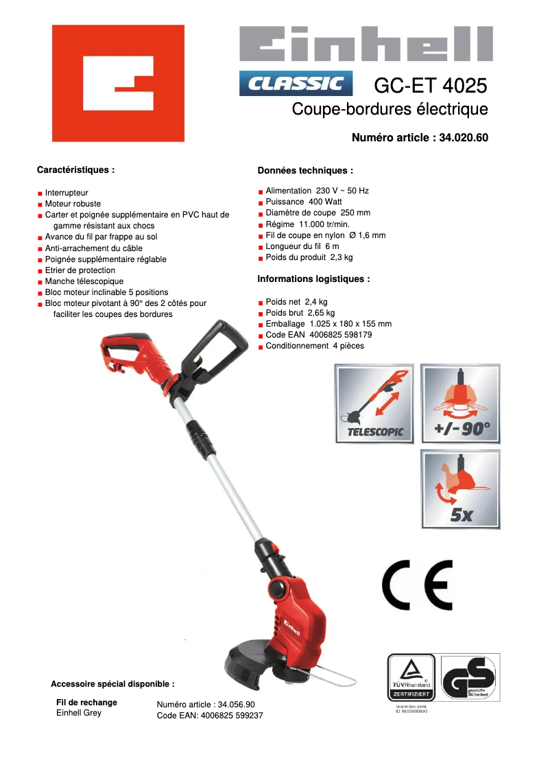 Página 1 del manual Ficha técnica Einhell GC-ET 4025