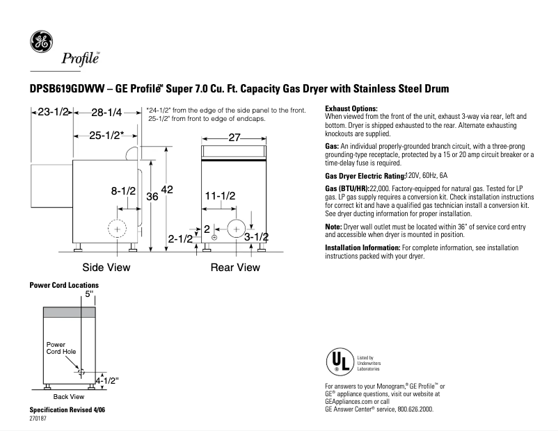 Page 1 of the manual Technical Sheet GE Profile DPSB619GDWW