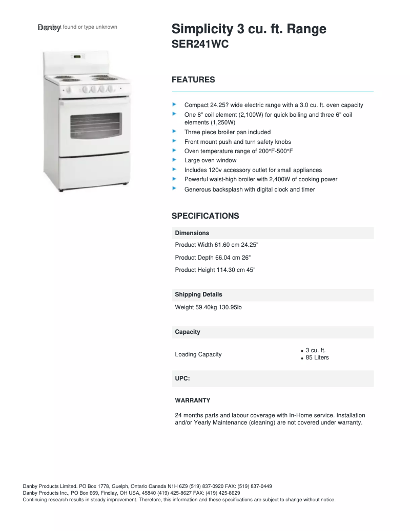 Page 1 de la notice Fiche technique Danby SER241WC