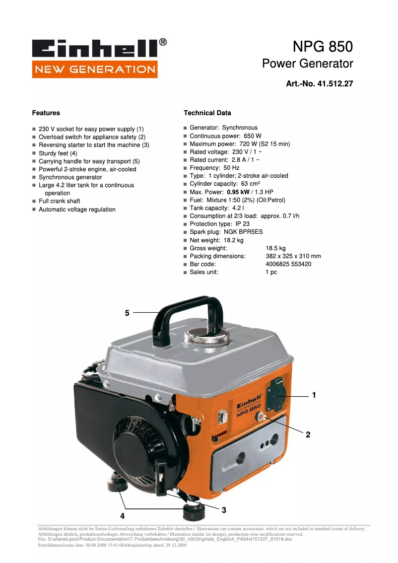Page n°1 - Manuel utilisateur Einhell NPG 850