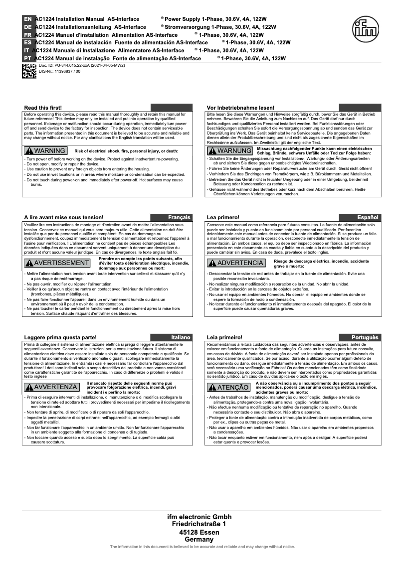 Page n°1 - Manuel utilisateur IFM AC1224