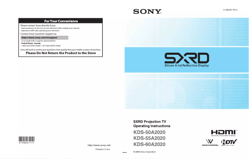 Page n°1 - Manuel utilisateur Sony Grand Wega KDS-55A2020