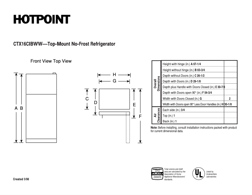 Page 1 de la notice Fiche technique Hotpoint CTX16CIBRWW