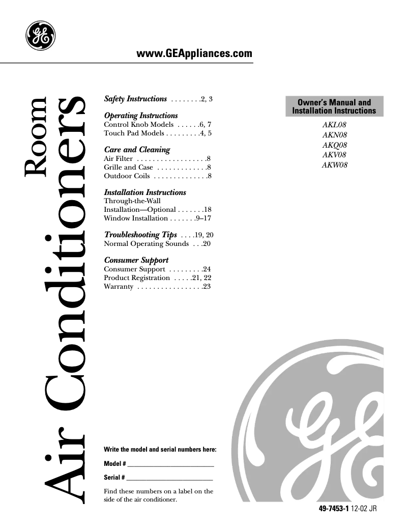 Page n°1 - Guide d'installation GE AKV08FB