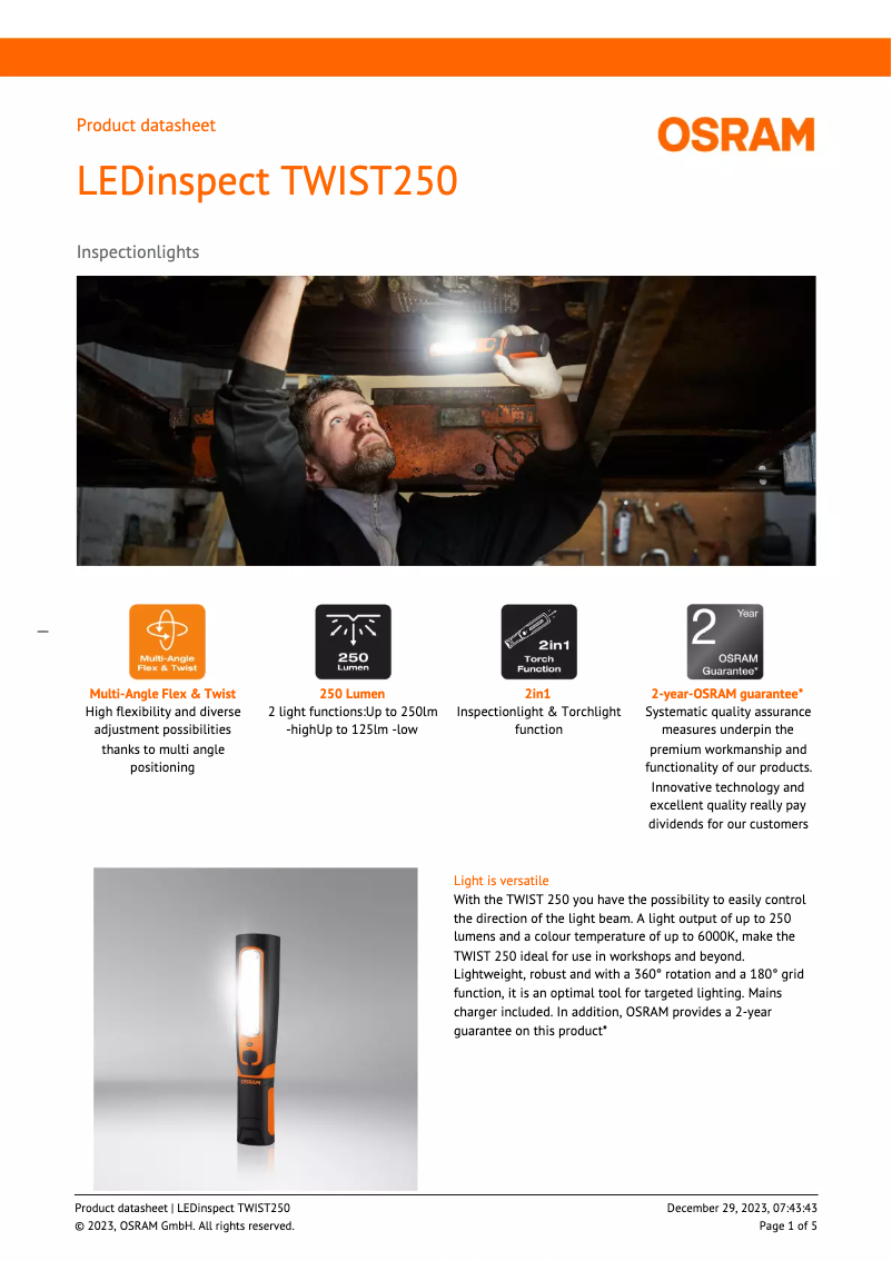 Page 1 de la notice Fiche technique Osram LEDinspect TWIST250