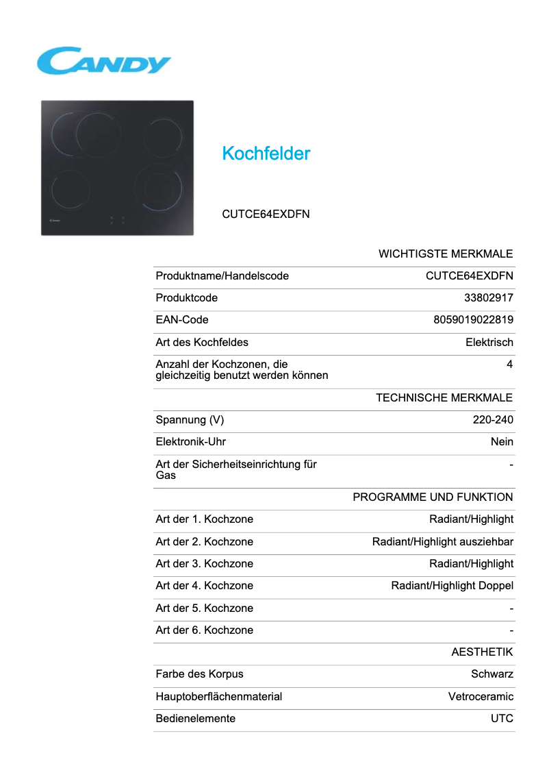 Page 1 de la notice Fiche technique Candy CUTCE64EXDFN