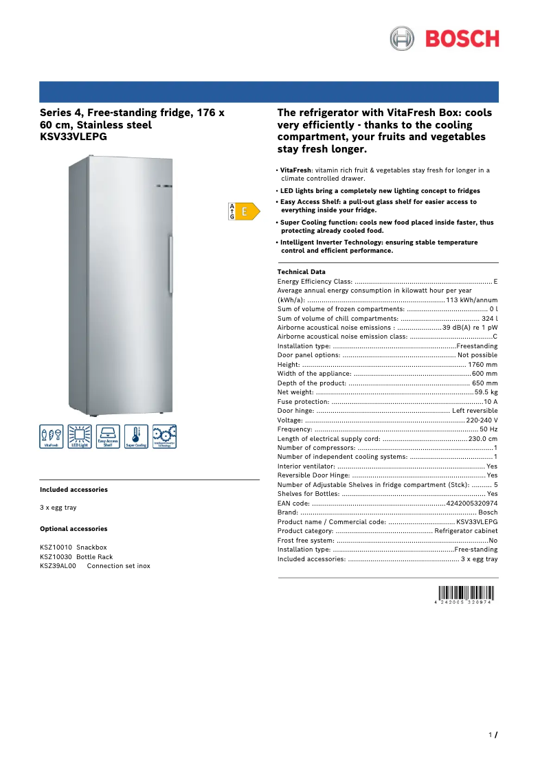 Page n°1 - Fiche technique Bosch KSV33VLEPG