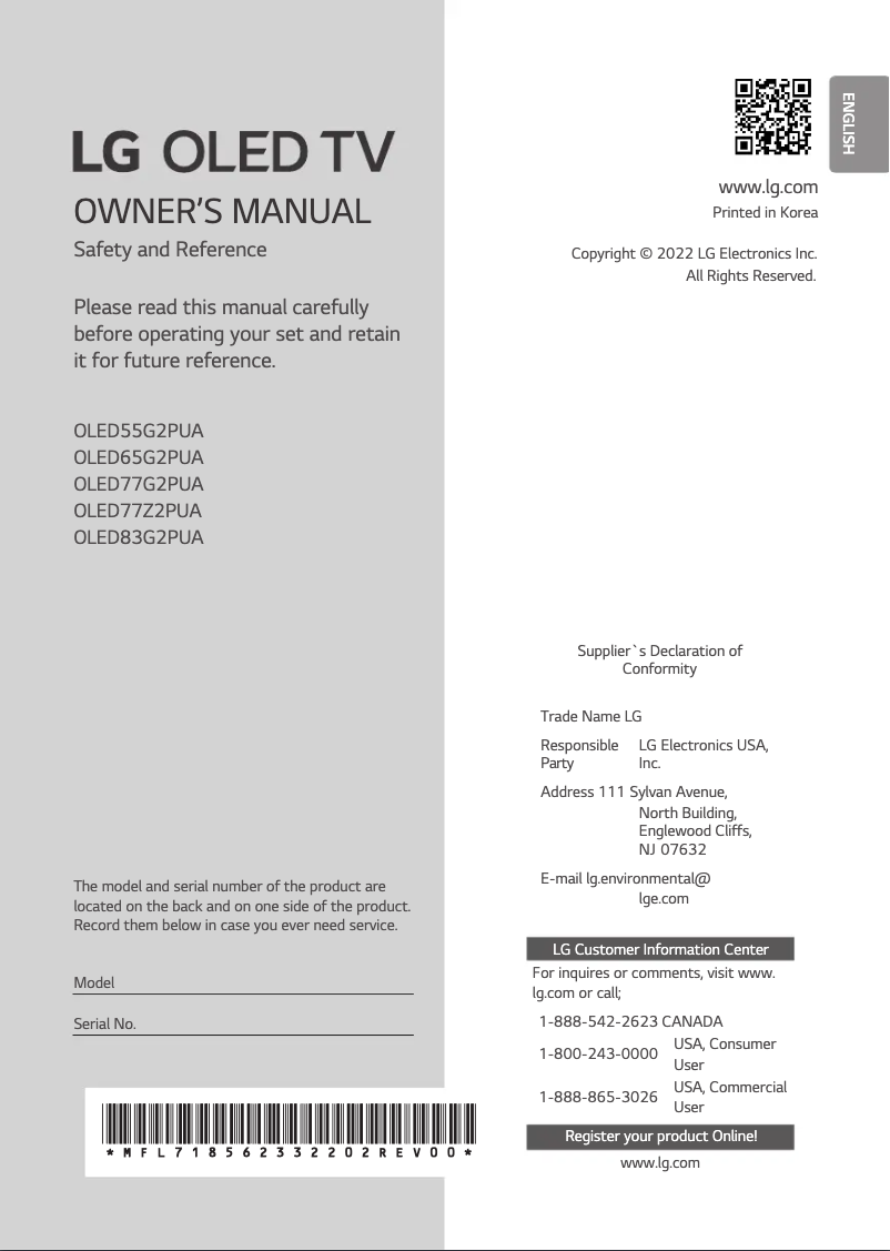 Page 1 de la notice Manuel utilisateur LG OLED65G2PUA