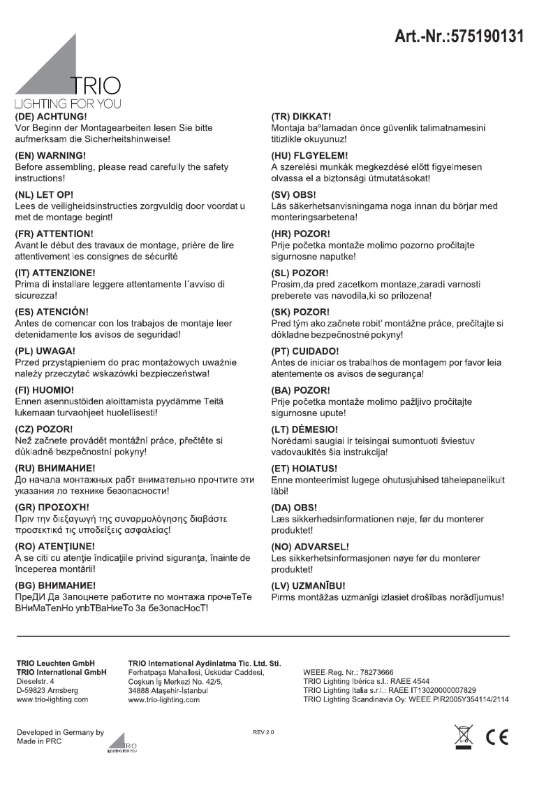 Page 1 de la notice Manuel utilisateur Trio Lighting Tento 575190131
