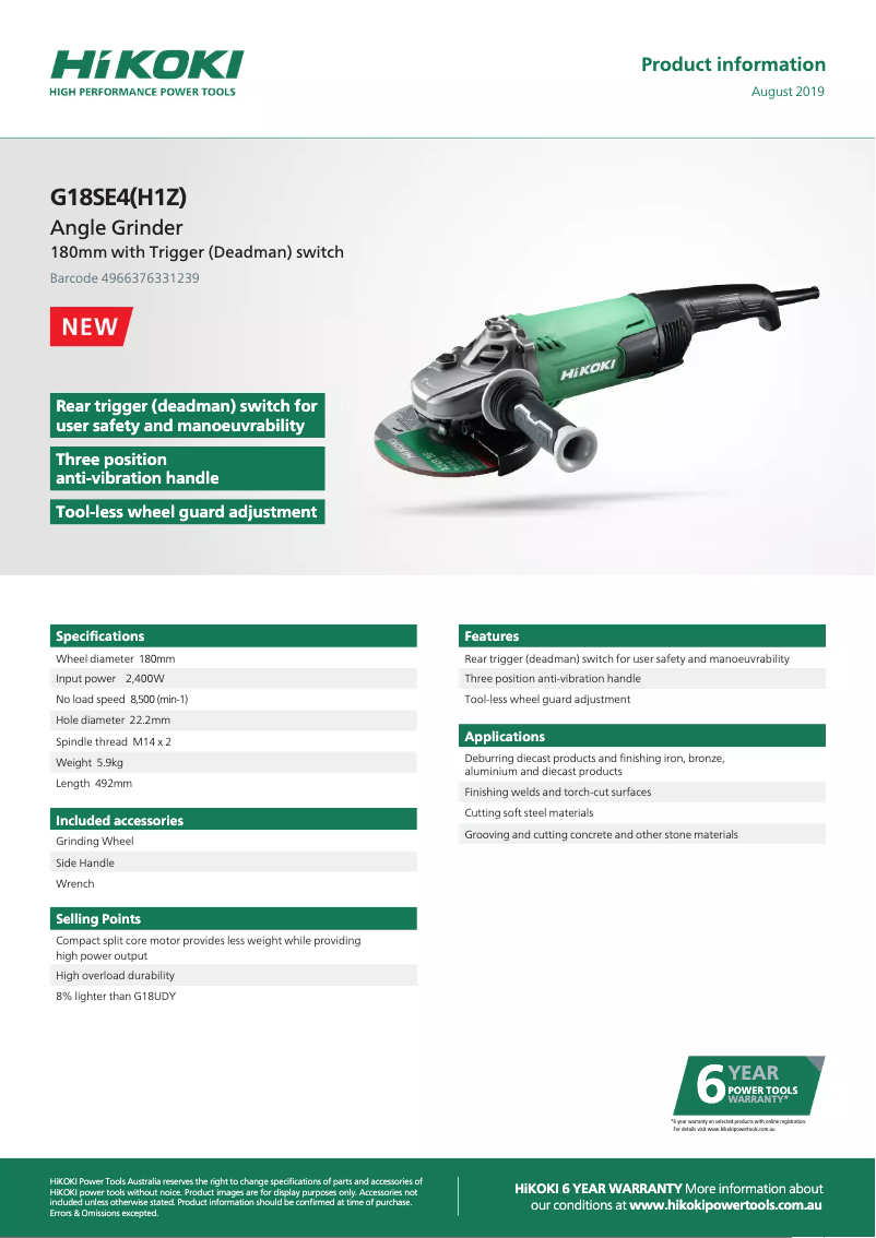 Page 1 de la notice Fiche technique HiKOKI G18SE4