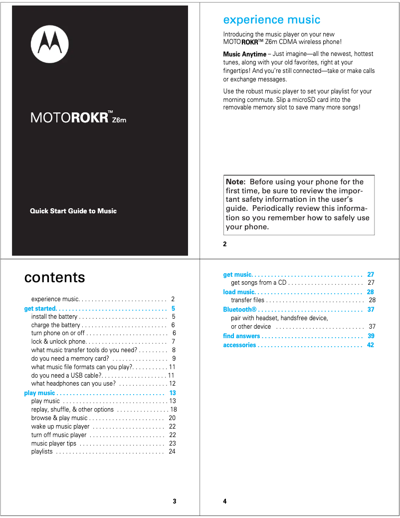 Page 1 de la notice Guide de démarrage rapide Motorola MOTOROKR Z6m