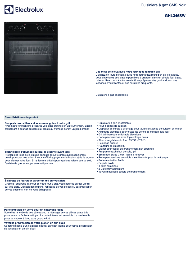 Page 1 de la notice Fiche technique Electrolux GHL346SW