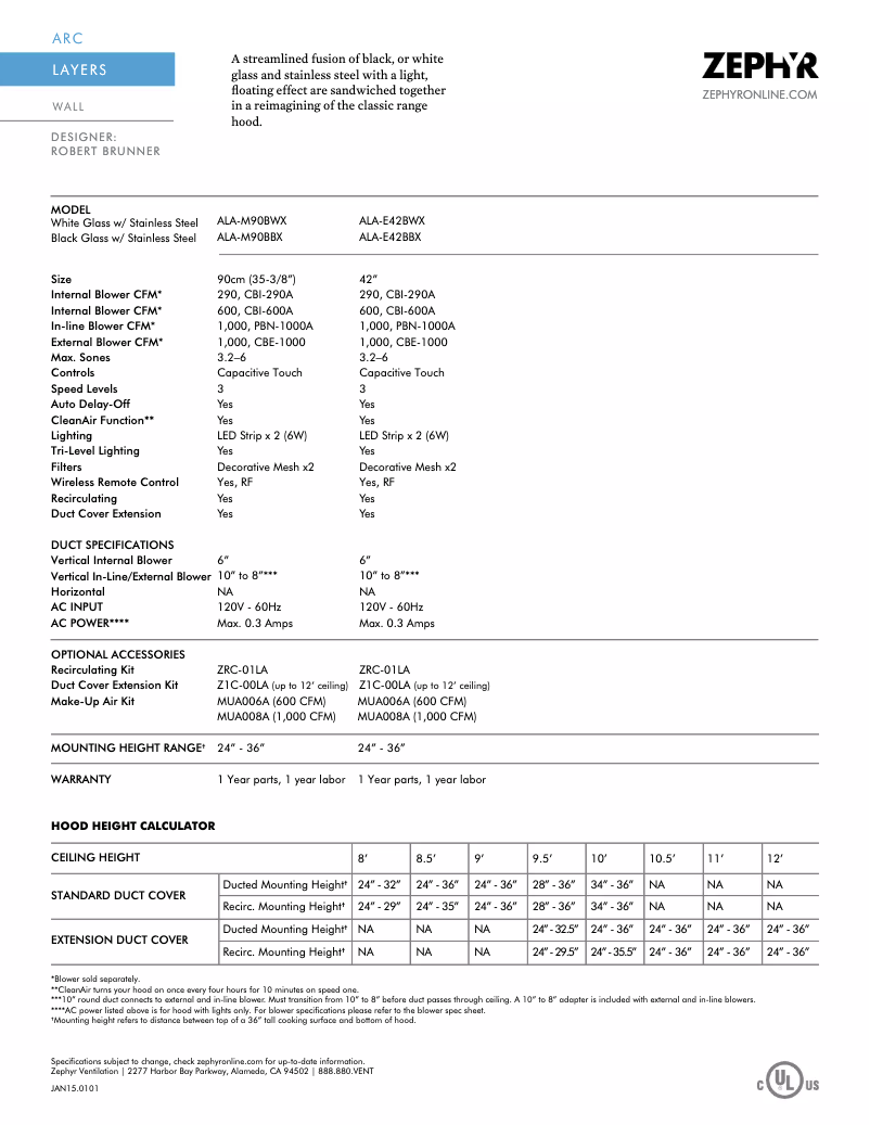 Page 1 de la notice Fiche technique Zephyr ALAE42BBX