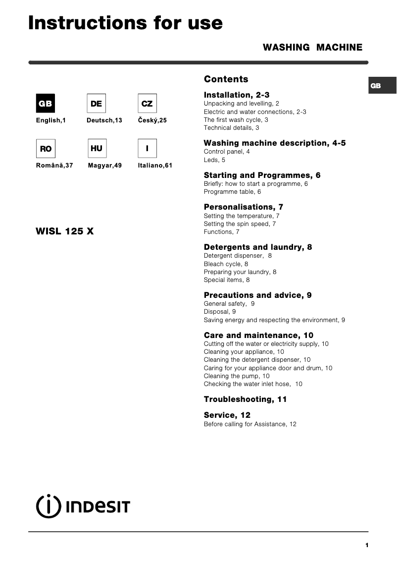 Page 1 de la notice Manuel utilisateur Indesit WISL 125 X (EX)