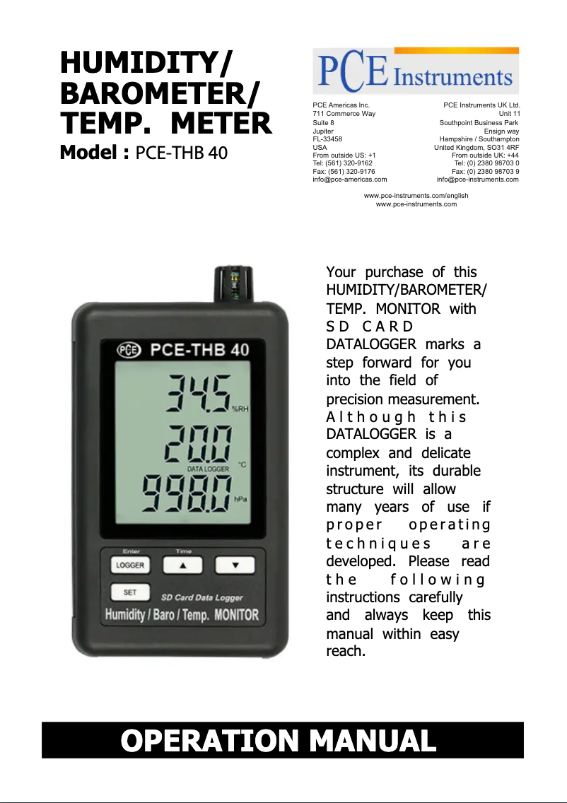 Page 1 de la notice Manuel utilisateur PCE Instruments PCE-THB 40