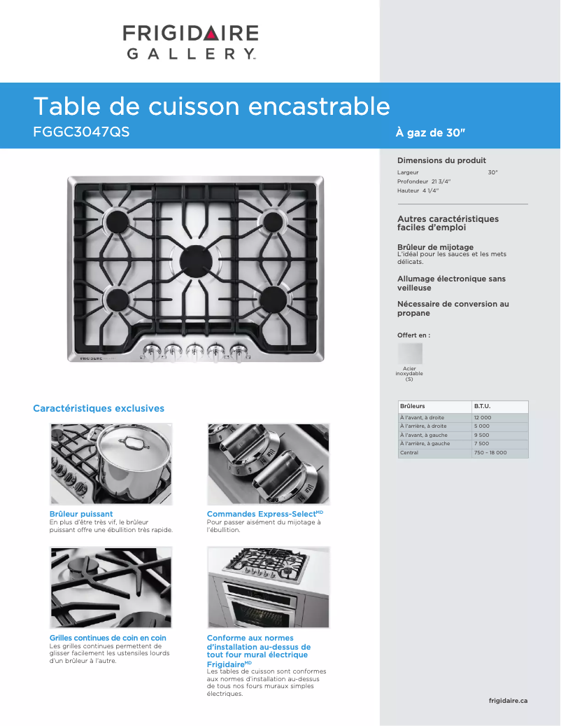 Page 1 de la notice Fiche technique Frigidaire FGGC3047QB