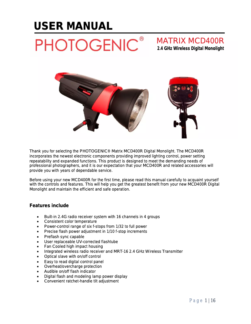 Page 1 de la notice Manuel utilisateur Photogenic Matrix MCD400R