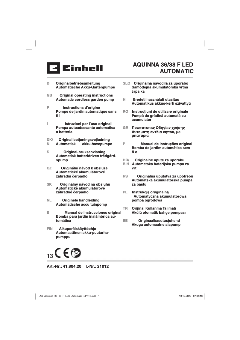 Page n°1 - Manuel utilisateur Einhell AQUINNA 36/38 F LED