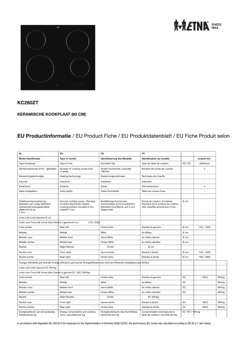 Page 1 de la notice Fiche technique Etna KC260ZT