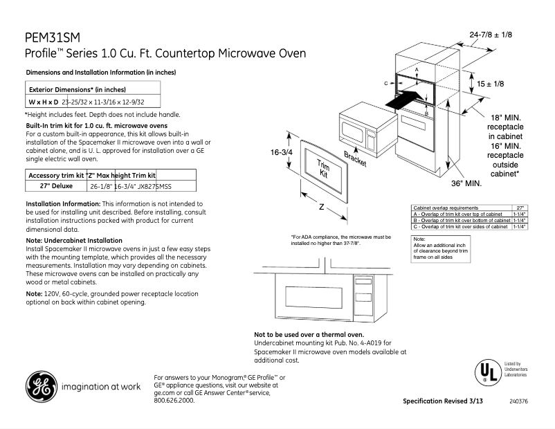 Page n°1 - Fiche technique GE Spacemaker PEM31SMSS